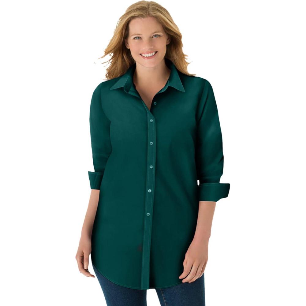 image:imageWoman Within Plus Size Perfect Long Sleeve ShirtEmerald Green