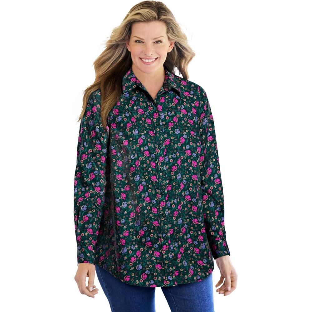 image:imageWoman Within Plus Size Perfect Long Sleeve ShirtGreen Pansy Ditsy