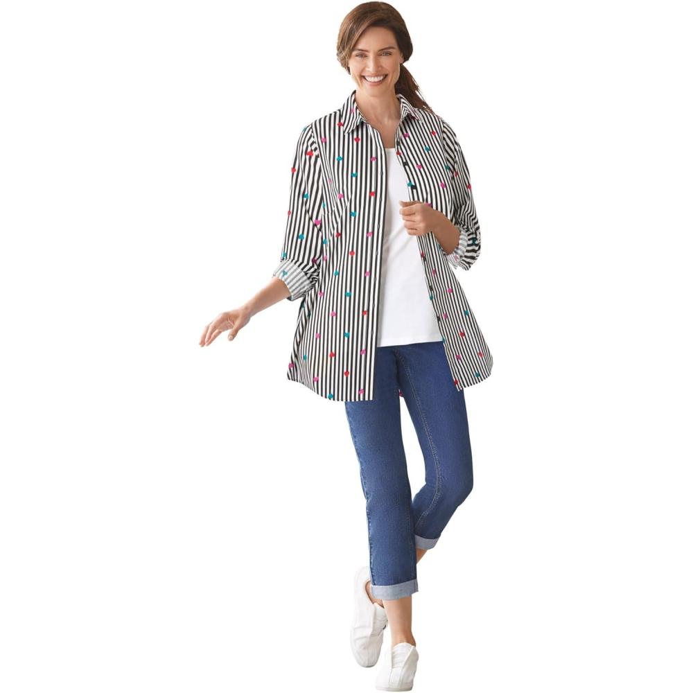 image:imageWoman Within Plus Size Perfect Long Sleeve ShirtHeart Stripe Black Multi
