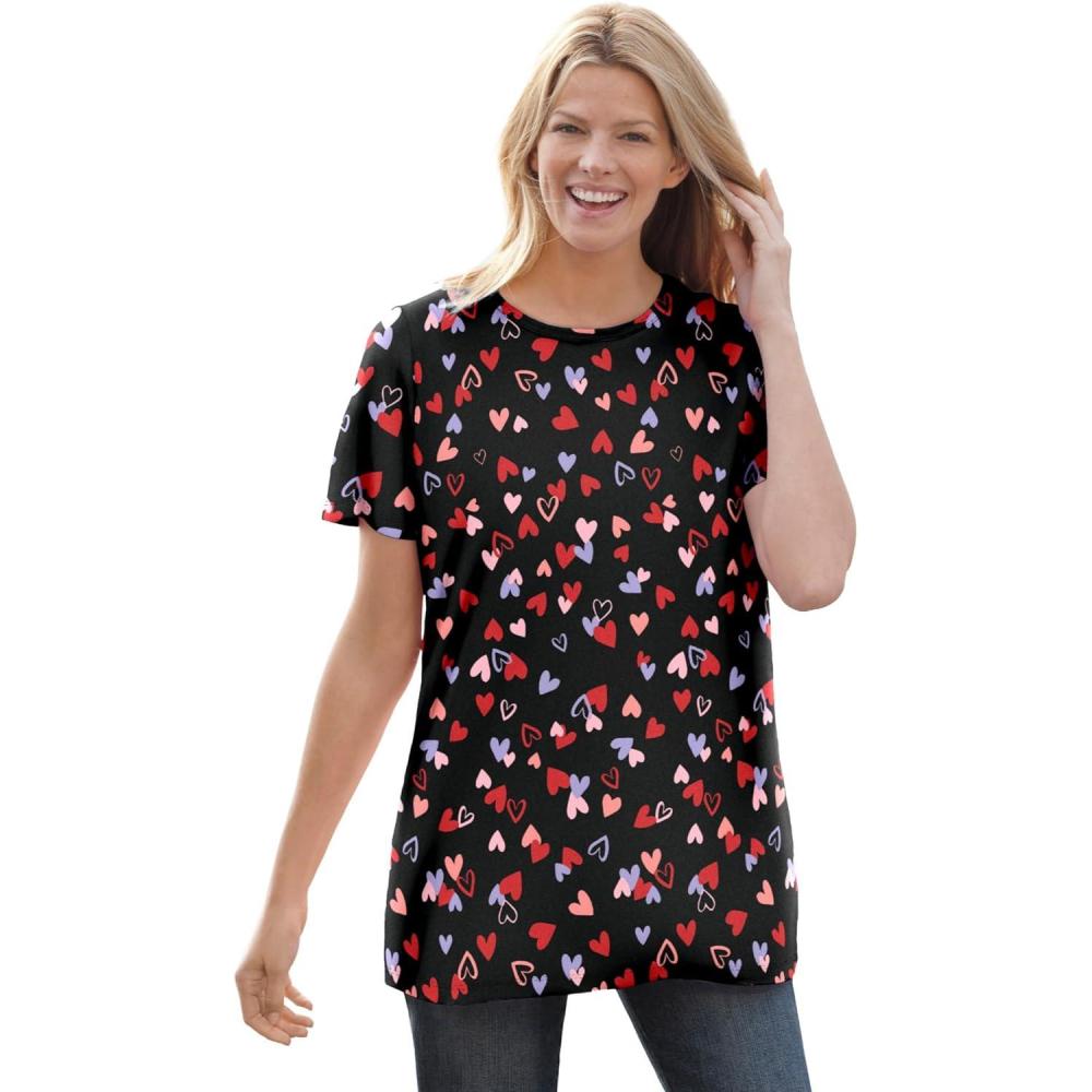 image:imageWoman Within Plus Size Perfect Printed ShortSleeve Crewneck TeeBlack Tossed Hearts