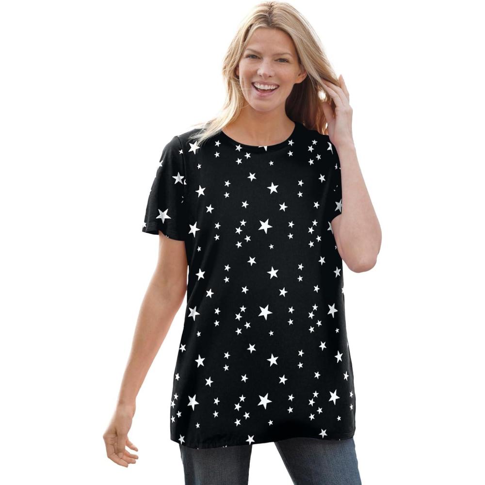 image:imageWoman Within Plus Size Perfect Printed ShortSleeve Crewneck TeeBlack White Stars