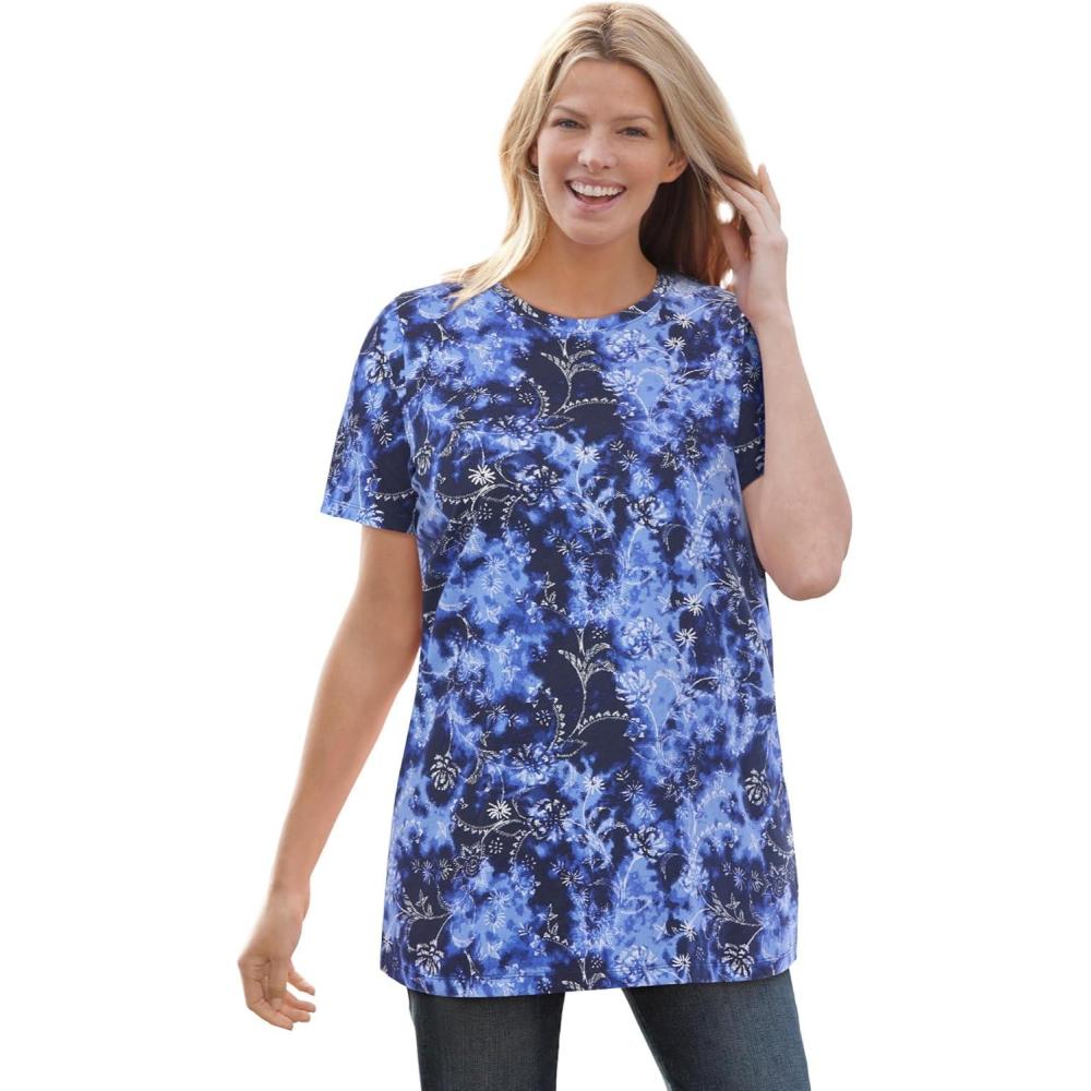 image:imageWoman Within Plus Size Perfect Printed ShortSleeve Crewneck TeeNavy Floral Tie Dye