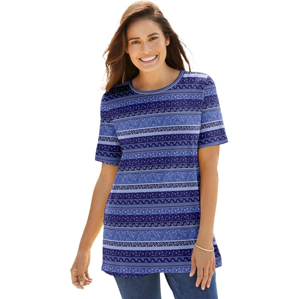 image:imageWoman Within Plus Size Perfect Printed ShortSleeve Crewneck TeeNavy Patchwork Stripe