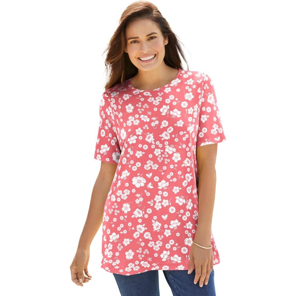 image:imageWoman Within Plus Size Perfect Printed ShortSleeve Crewneck TeeSweet Coral Butterfly Ditsy