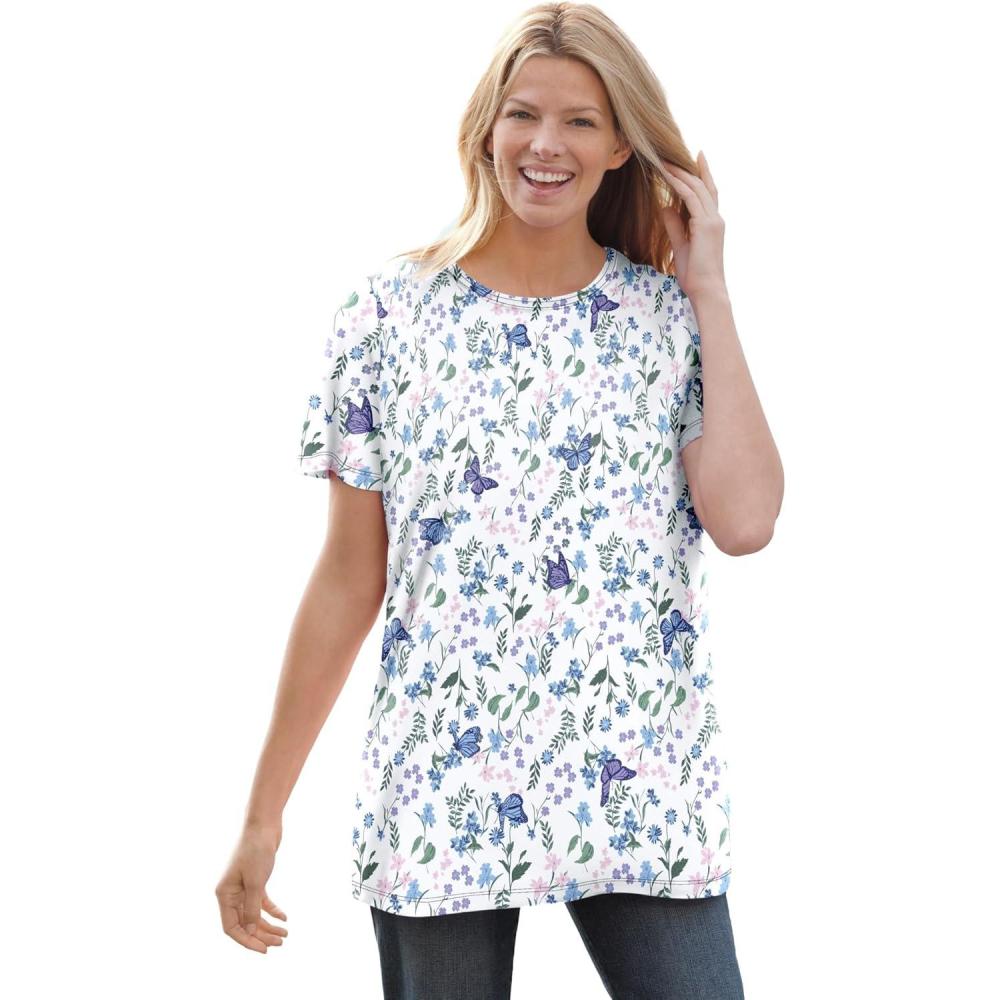 image:imageWoman Within Plus Size Perfect Printed ShortSleeve Crewneck TeeWhite Butterflies
