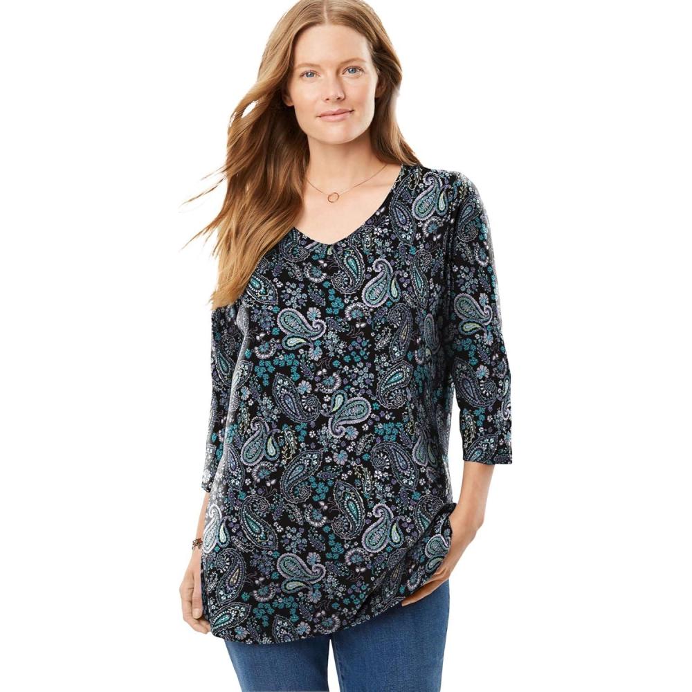 image:imageWoman Within Plus Size Perfect Printed ThreeQuarter Sleeve VNeck TeeBlack Paisley