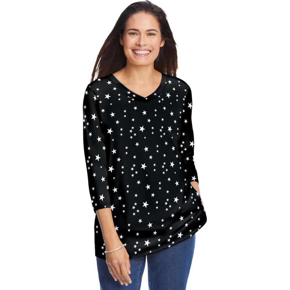 image:imageWoman Within Plus Size Perfect Printed ThreeQuarter Sleeve VNeck TeeBlack White Stars