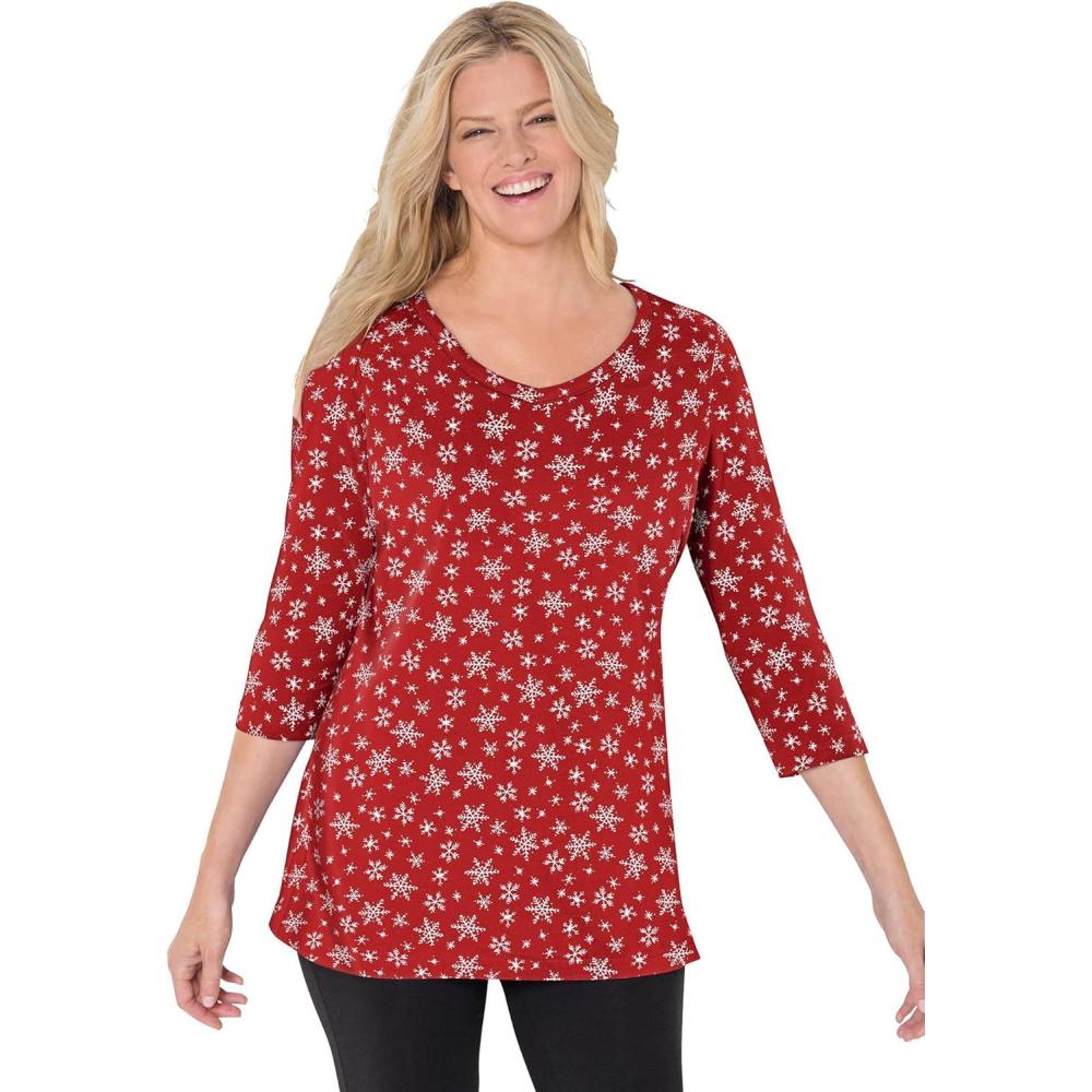 image:imageWoman Within Plus Size Perfect Printed ThreeQuarter Sleeve VNeck TeeClassic Red Snowflakes