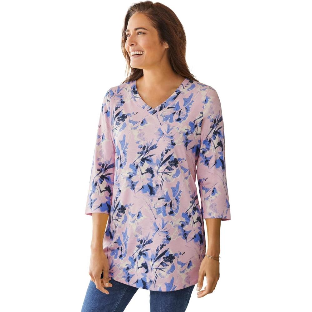 image:imageWoman Within Plus Size Perfect Printed ThreeQuarter Sleeve VNeck TeePink Stamp Botanical