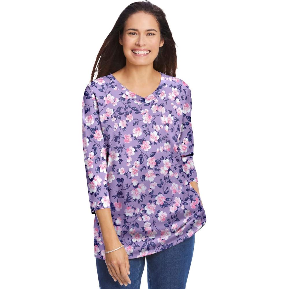 image:imageWoman Within Plus Size Perfect Printed ThreeQuarter Sleeve VNeck TeeSoft Iris Blossom Vine