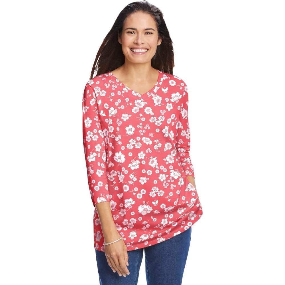 image:imageWoman Within Plus Size Perfect Printed ThreeQuarter Sleeve VNeck TeeSweet Coral Butterfly Ditsy