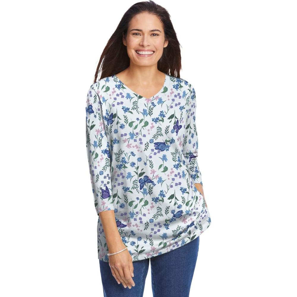 image:imageWoman Within Plus Size Perfect Printed ThreeQuarter Sleeve VNeck TeeWhite Butterflies