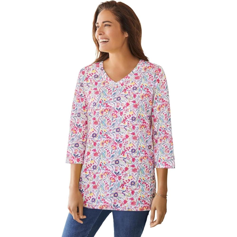 image:imageWoman Within Plus Size Perfect Printed ThreeQuarter Sleeve VNeck TeeWhite Swirl Ditsy