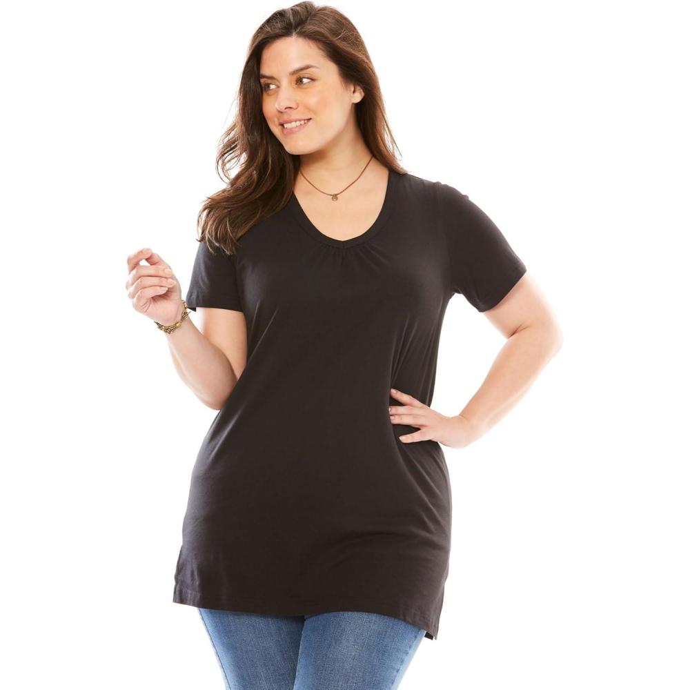 image:imageWoman Within Plus Size Perfect ShortSleeve Shirred VNeck TunicBlack