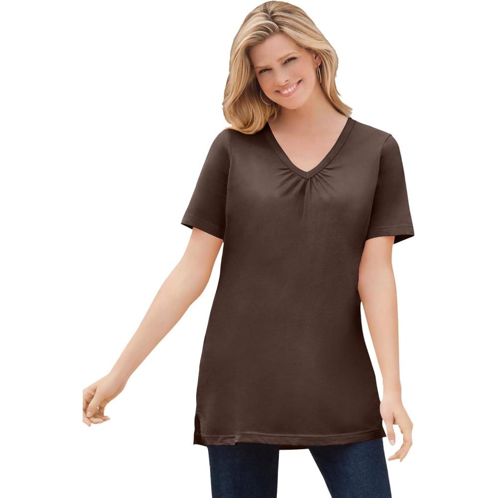 image:imageWoman Within Plus Size Perfect ShortSleeve Shirred VNeck TunicChocolate