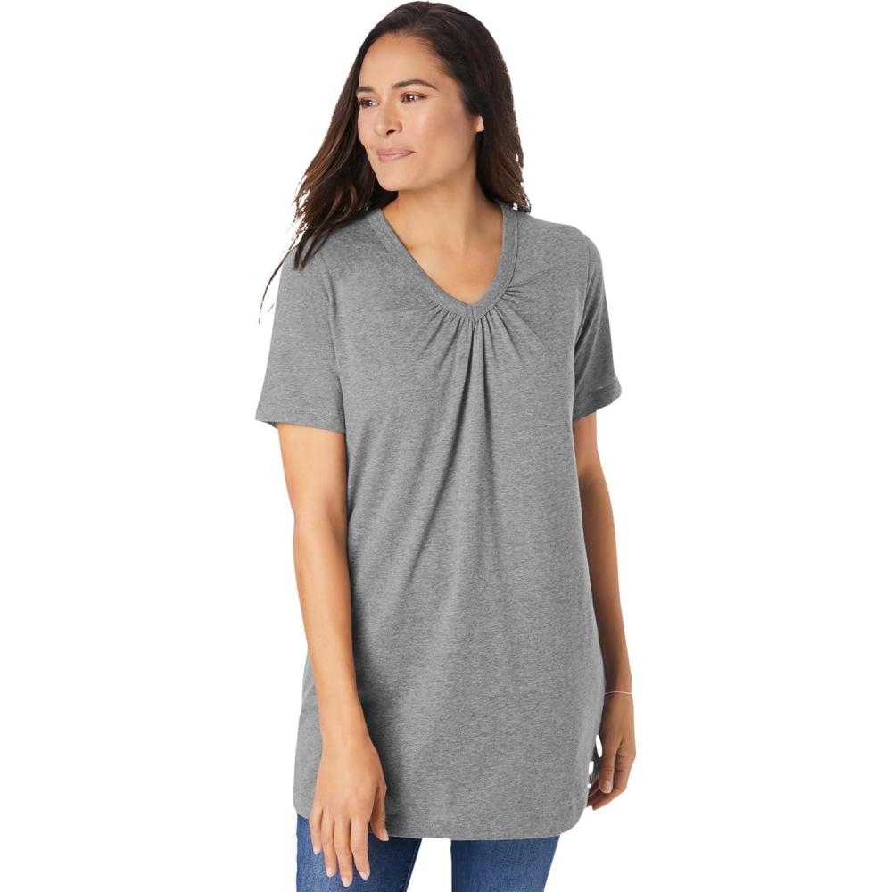 image:imageWoman Within Plus Size Perfect ShortSleeve Shirred VNeck TunicClassic Medium Heather Grey