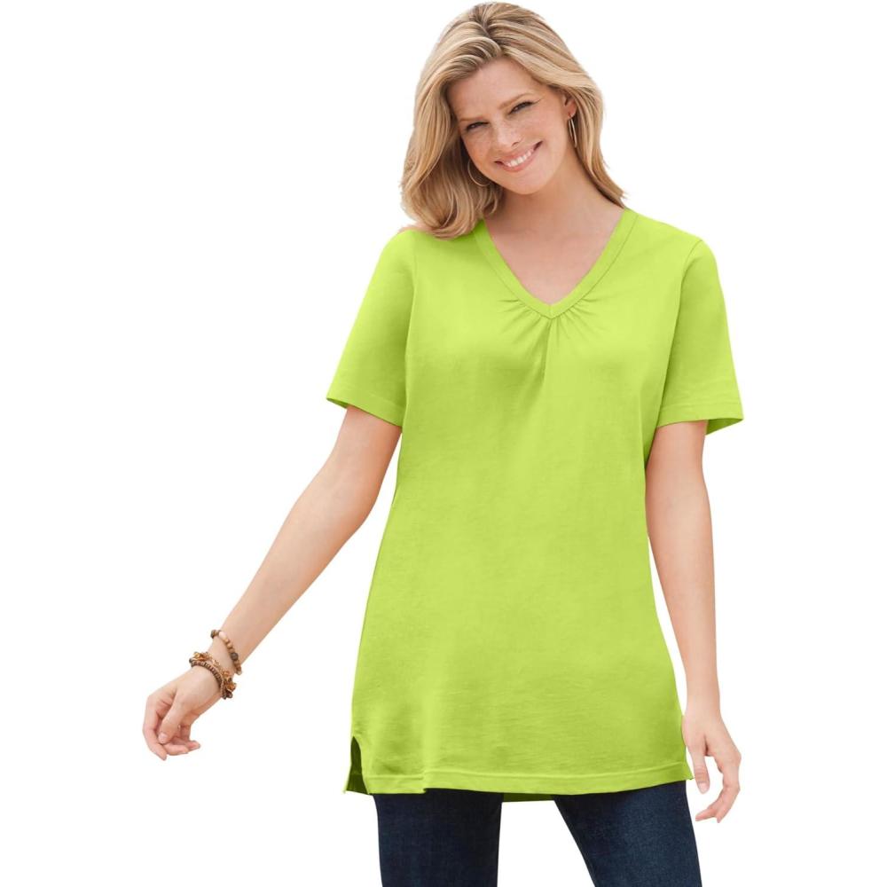 image:imageWoman Within Plus Size Perfect ShortSleeve Shirred VNeck TunicLime