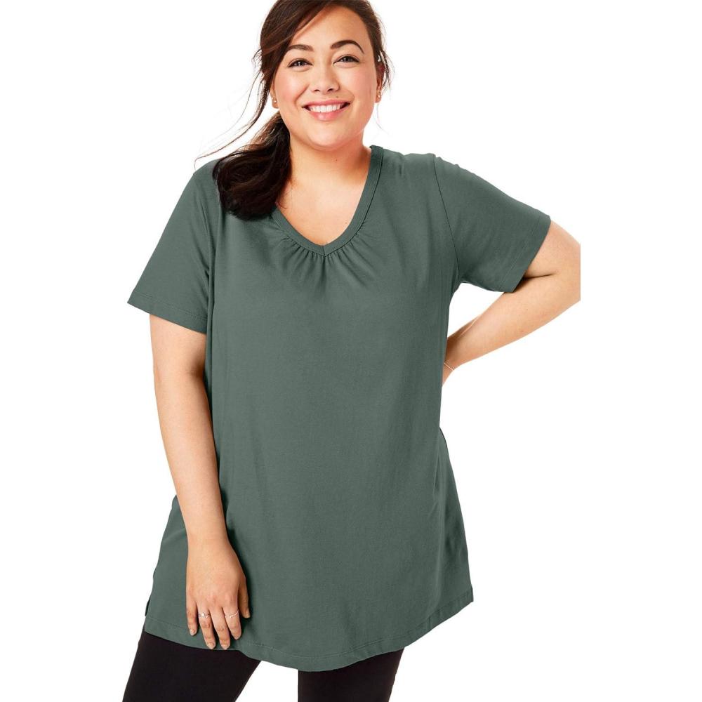 image:imageWoman Within Plus Size Perfect ShortSleeve Shirred VNeck TunicPine
