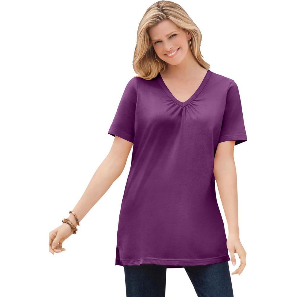 image:imageWoman Within Plus Size Perfect ShortSleeve Shirred VNeck TunicPlum Purple