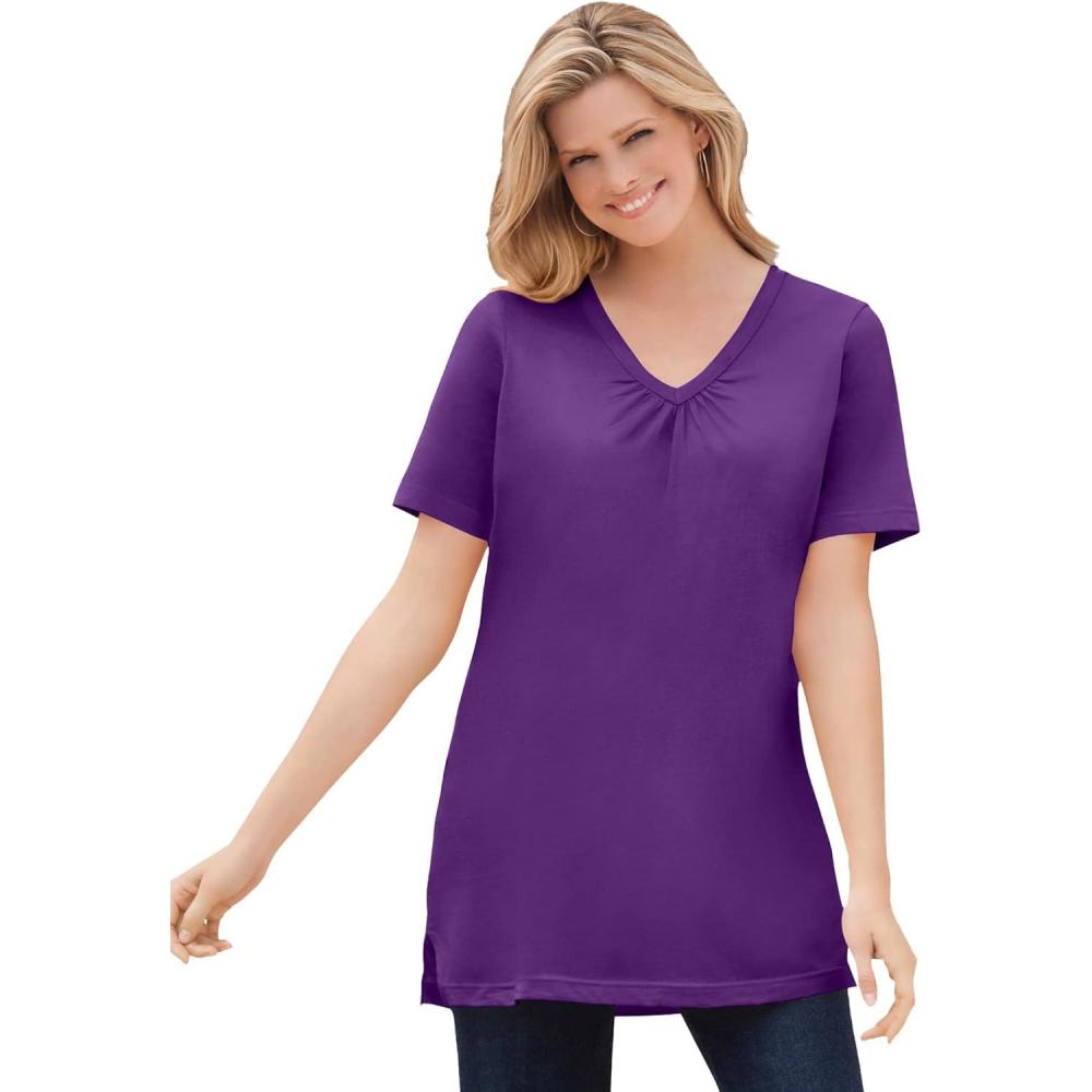 image:imageWoman Within Plus Size Perfect ShortSleeve Shirred VNeck TunicRadiant Purple