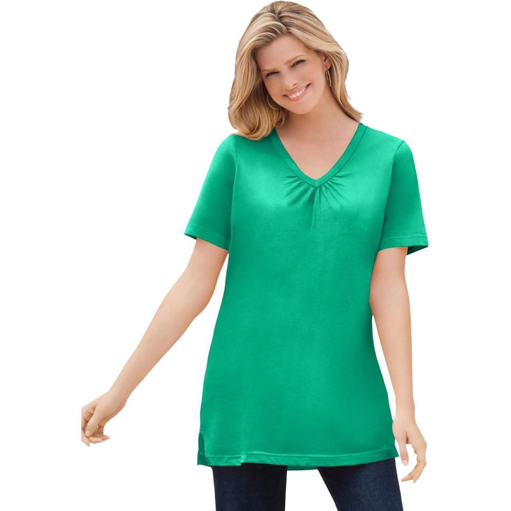 image:imageWoman Within Plus Size Perfect ShortSleeve Shirred VNeck TunicTropical Emerald