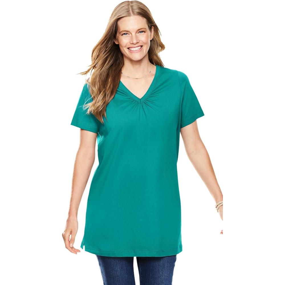 image:imageWoman Within Plus Size Perfect ShortSleeve Shirred VNeck TunicWaterfall