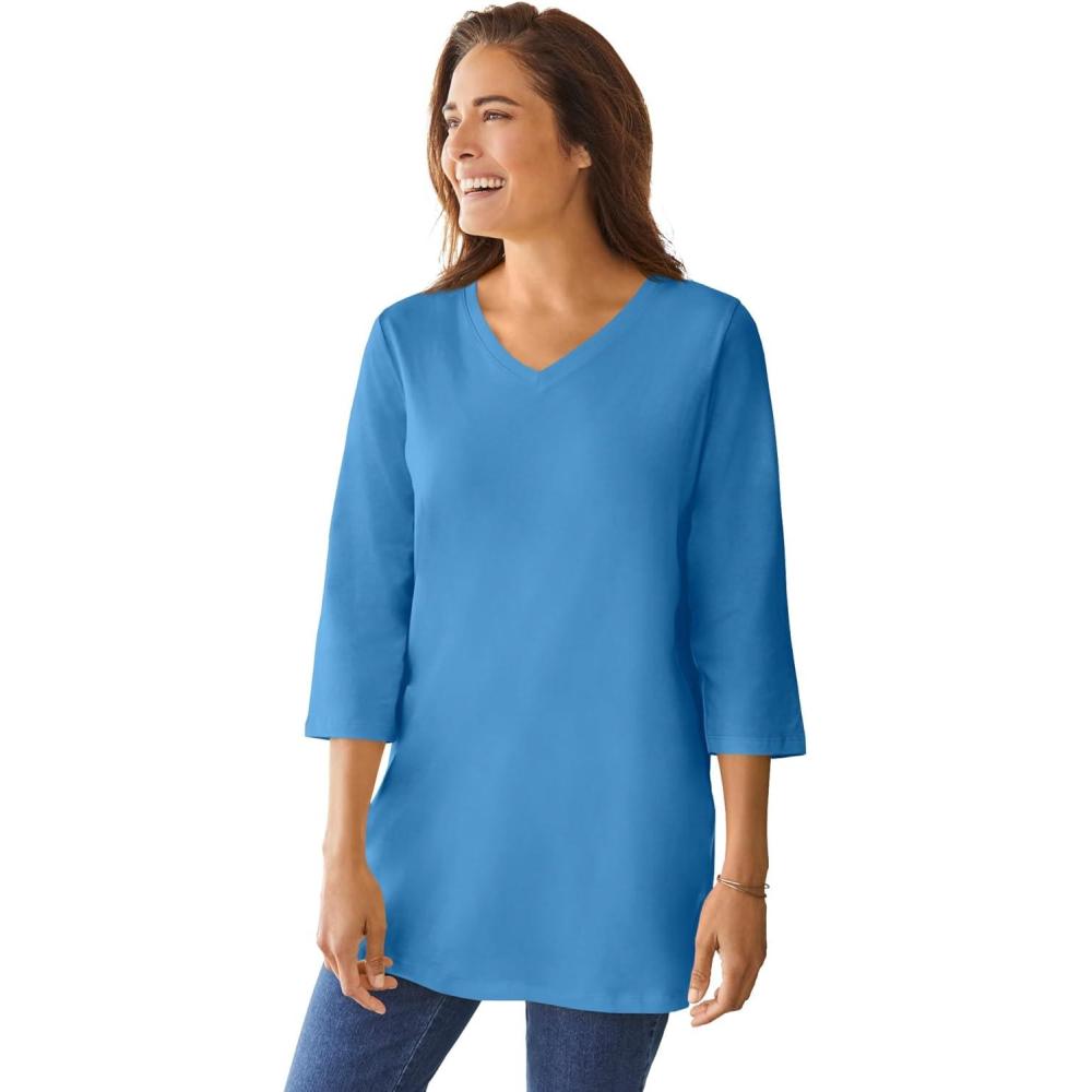 image:imageWoman Within Plus Size Perfect ThreeQuarter Sleeve VNeck TunicAzure Blue
