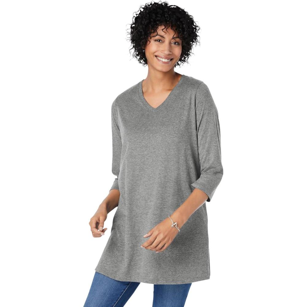 image:imageWoman Within Plus Size Perfect ThreeQuarter Sleeve VNeck TunicClassic Medium Heather Grey