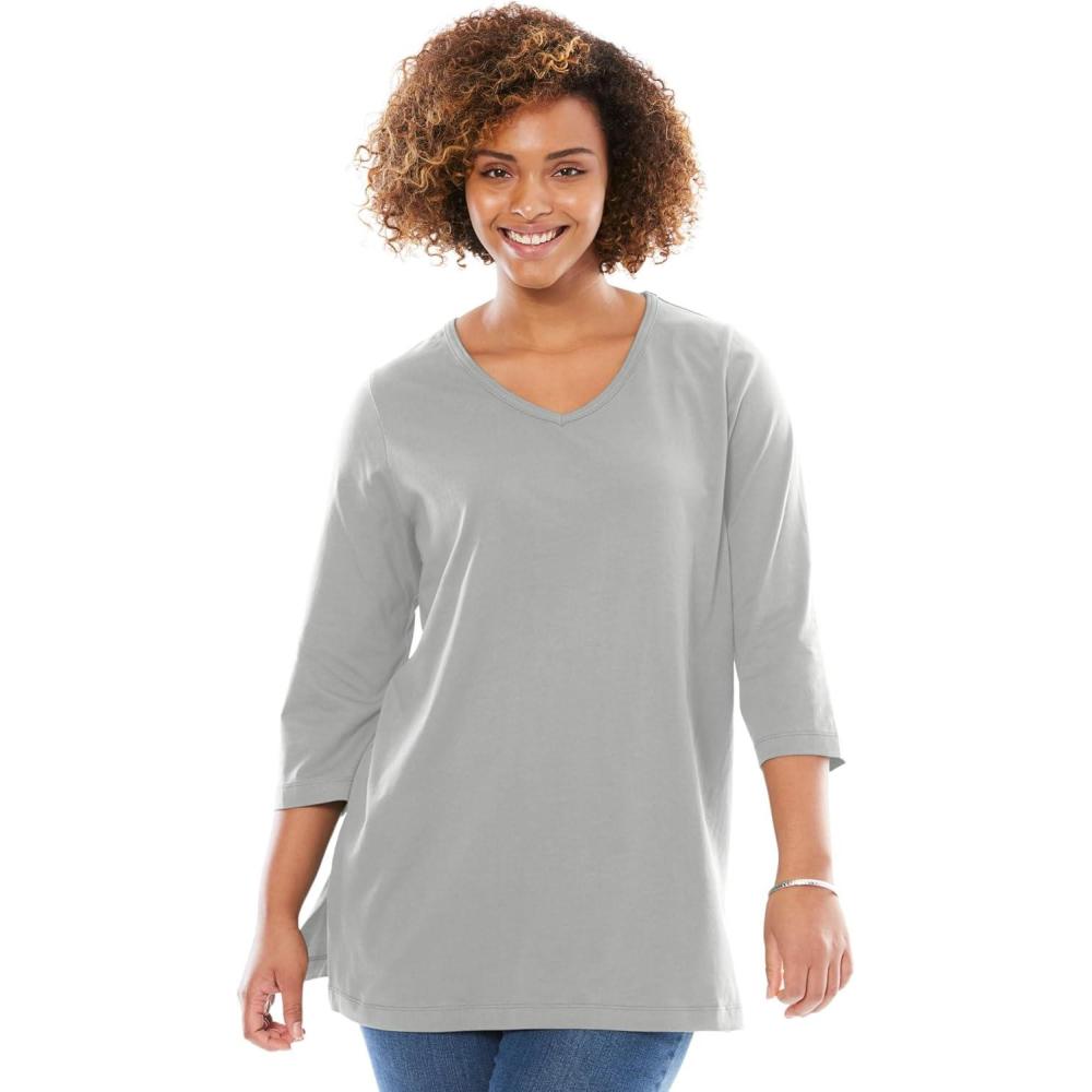 image:imageWoman Within Plus Size Perfect ThreeQuarter Sleeve VNeck TunicHeather Grey