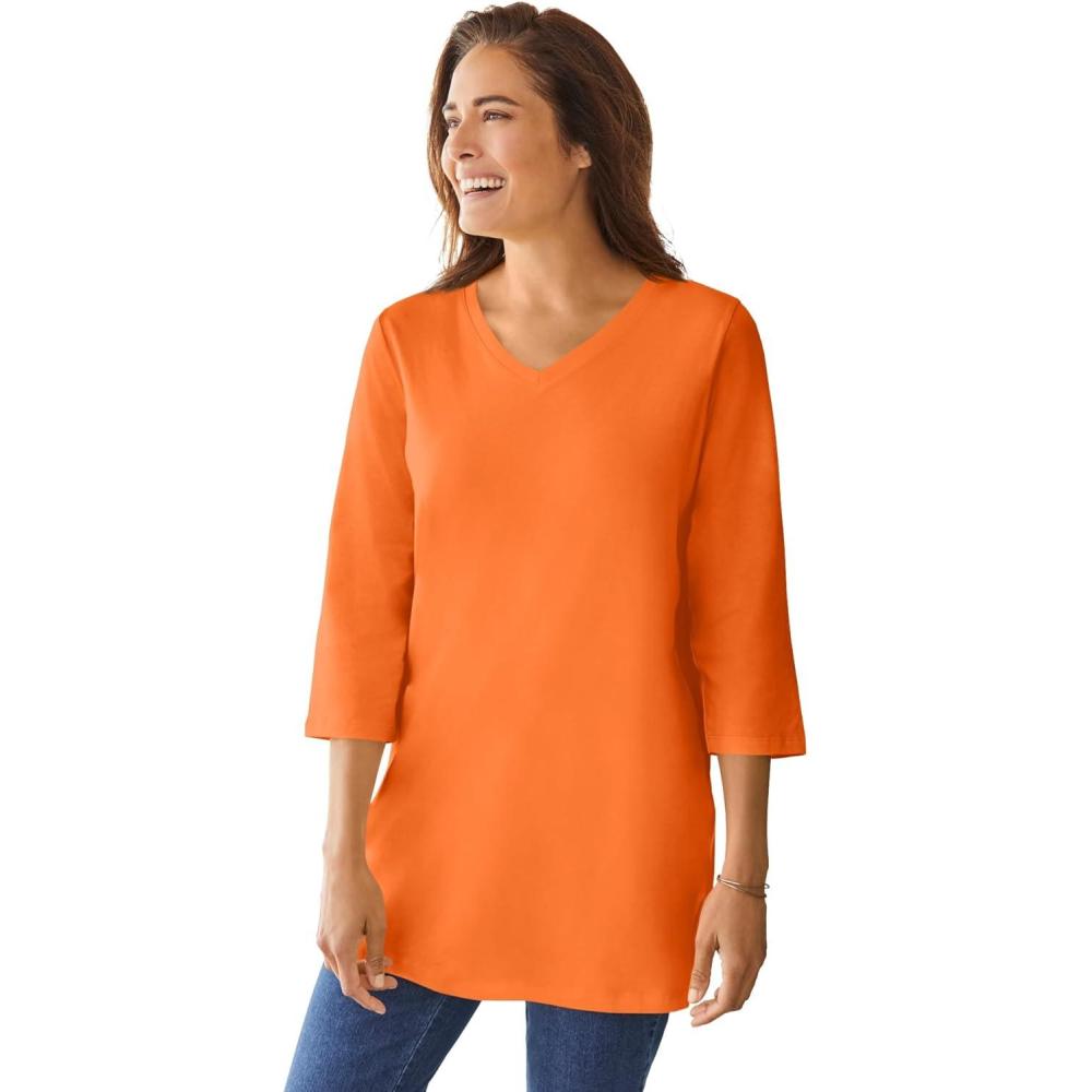 image:imageWoman Within Plus Size Perfect ThreeQuarter Sleeve VNeck TunicOrange Twist