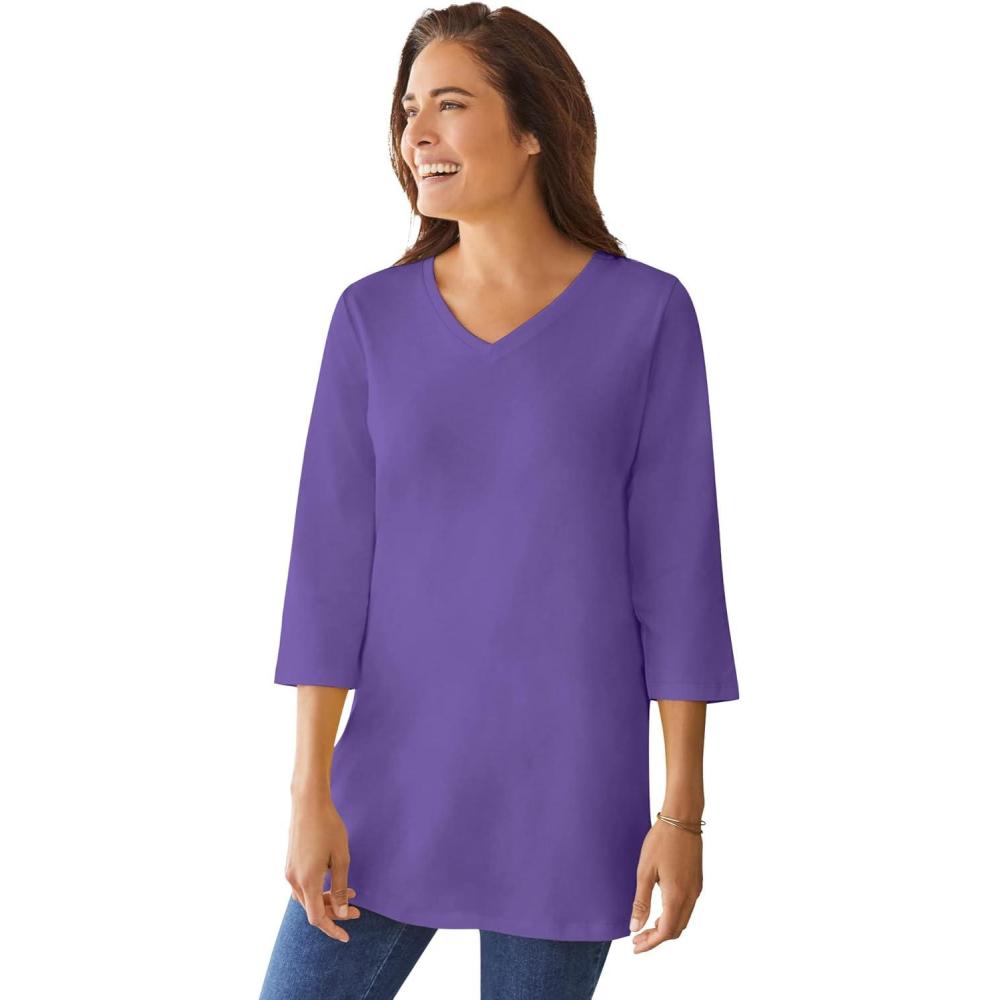 image:imageWoman Within Plus Size Perfect ThreeQuarter Sleeve VNeck TunicPetal Purple