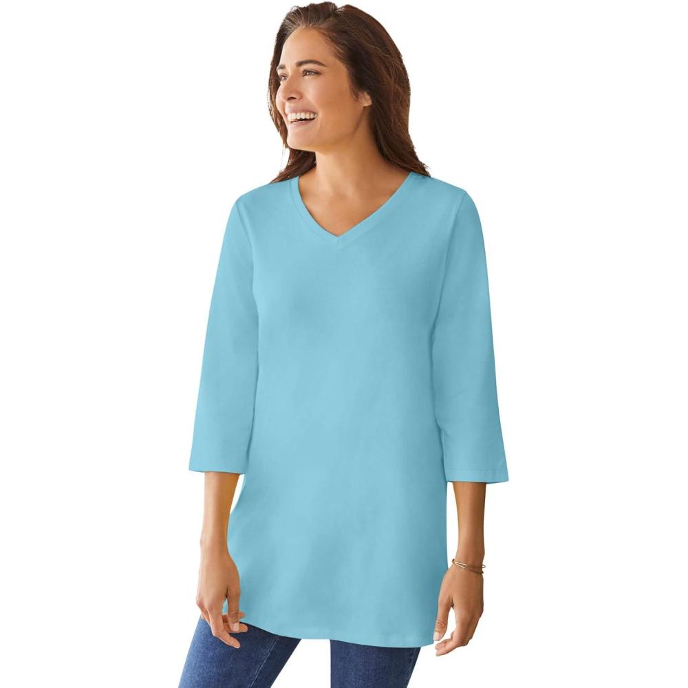 image:imageWoman Within Plus Size Perfect ThreeQuarter Sleeve VNeck TunicSeamist Blue