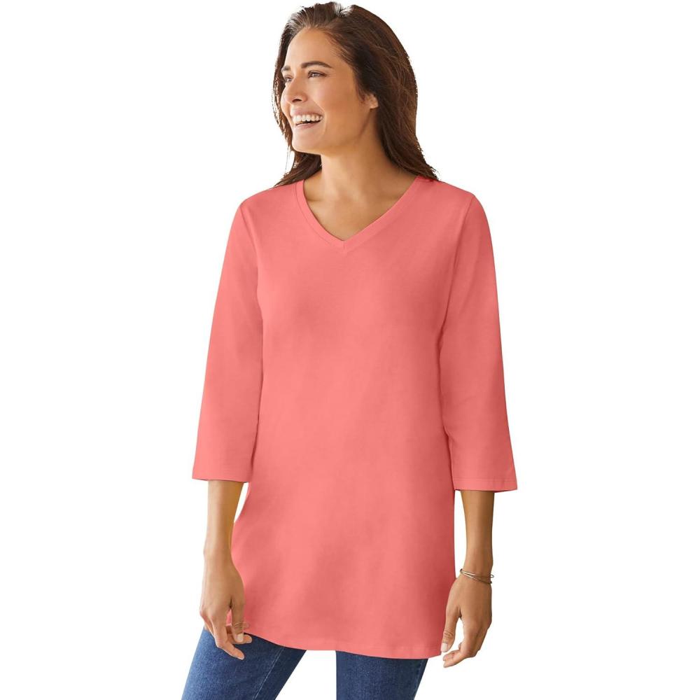 image:imageWoman Within Plus Size Perfect ThreeQuarter Sleeve VNeck TunicSweet Coral