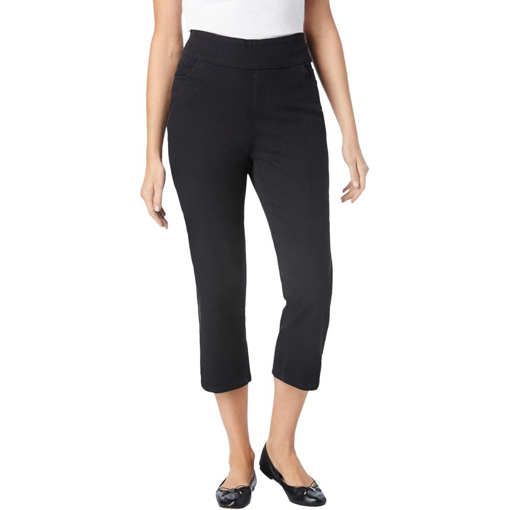 image:imageWoman Within Plus Size PullOn ElasticWaist Stretch Denim Capri JeansBlack