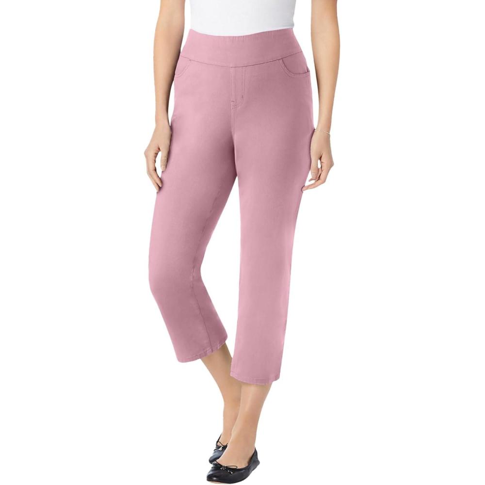 image:imageWoman Within Plus Size PullOn ElasticWaist Stretch Denim Capri JeansDusty Pink