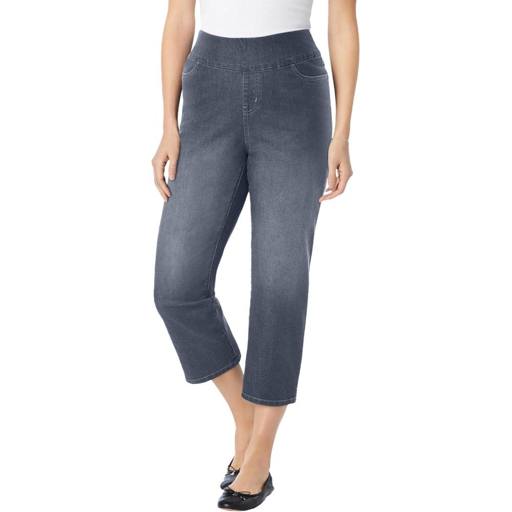 image:imageWoman Within Plus Size PullOn ElasticWaist Stretch Denim Capri JeansStonewash Sanded
