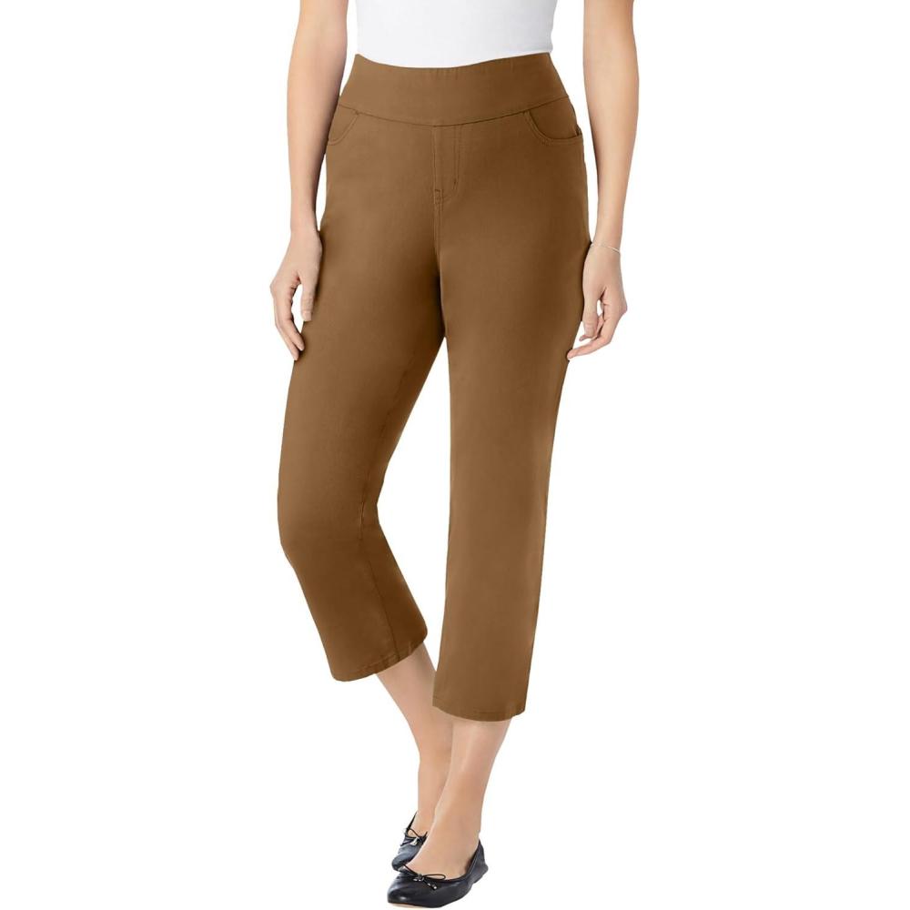 image:imageWoman Within Plus Size PullOn ElasticWaist Stretch Denim Capri JeansToffee