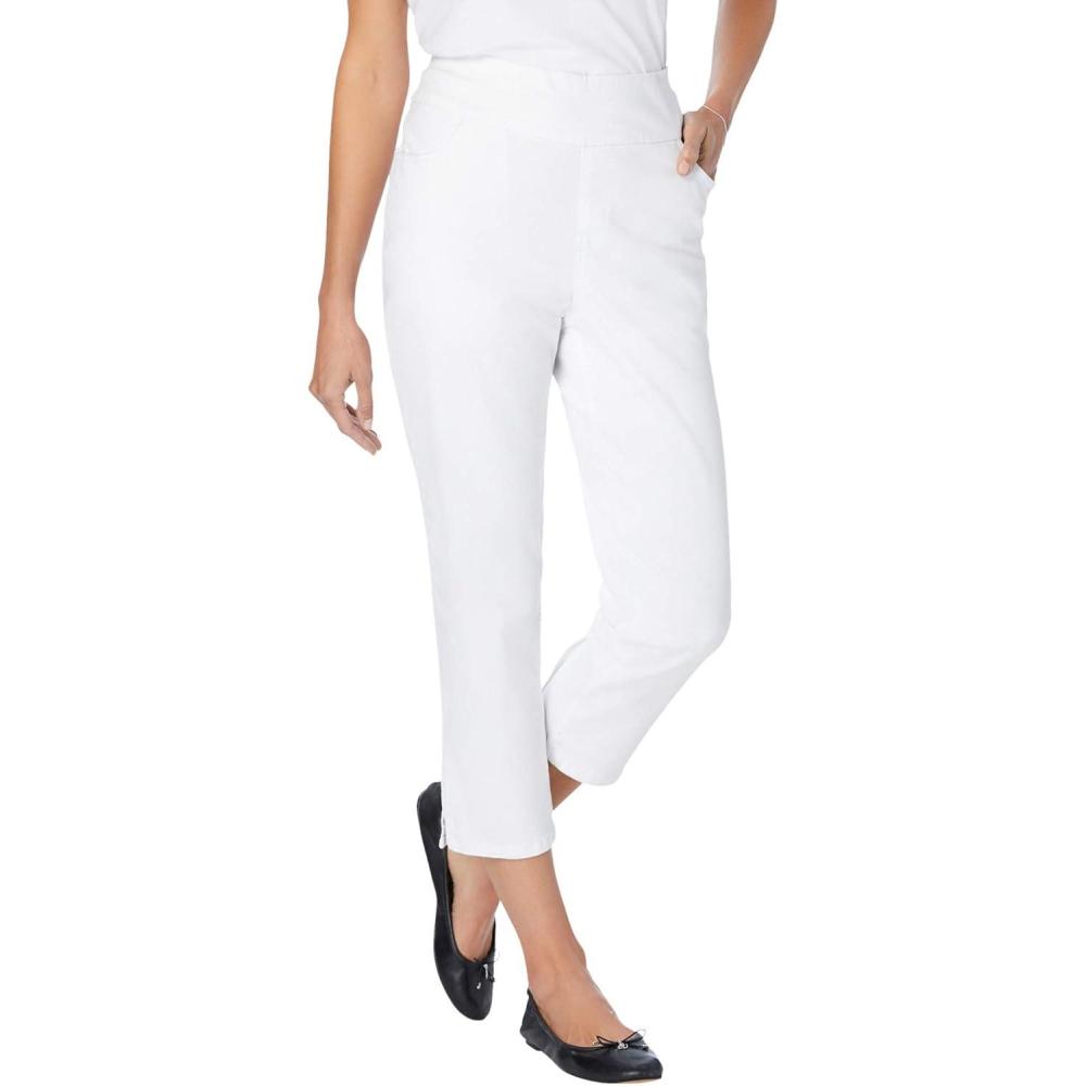 image:imageWoman Within Plus Size PullOn ElasticWaist Stretch Denim Capri JeansWhite