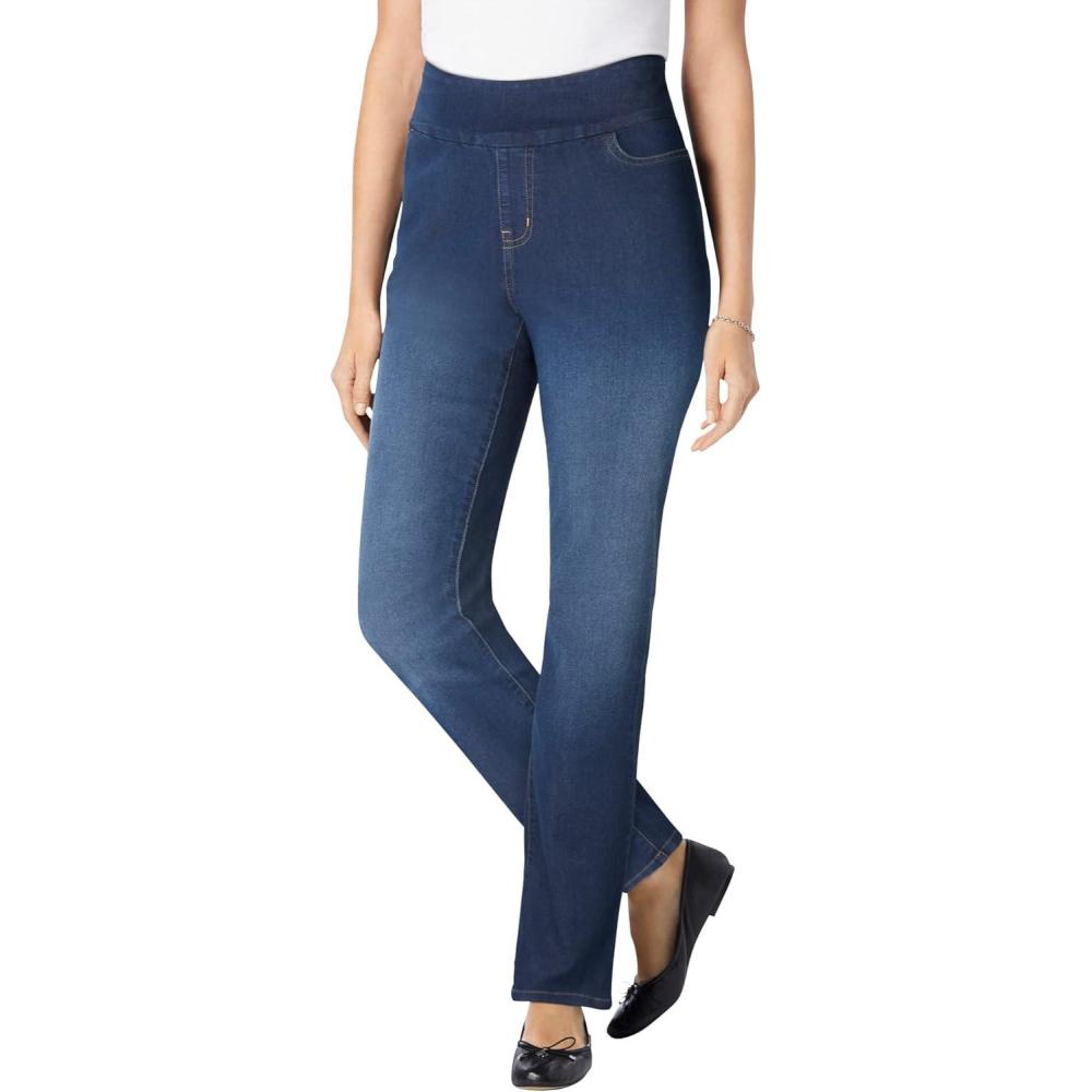 image:imageWoman Within Plus Size PullOn StraightLeg GapFree Stretch Denim JeansIndigo Sanded