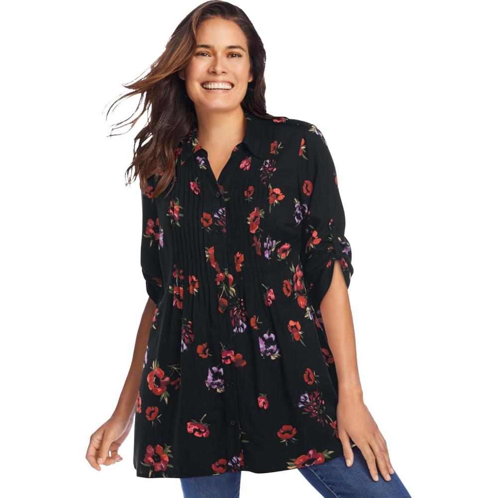 image:imageWoman Within Plus Size Rayon Pintucked Effortless Tunic BlouseBlack Magnolia