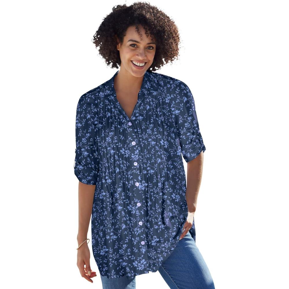 image:imageWoman Within Plus Size Rayon Pintucked Effortless Tunic BlouseNavy Floral