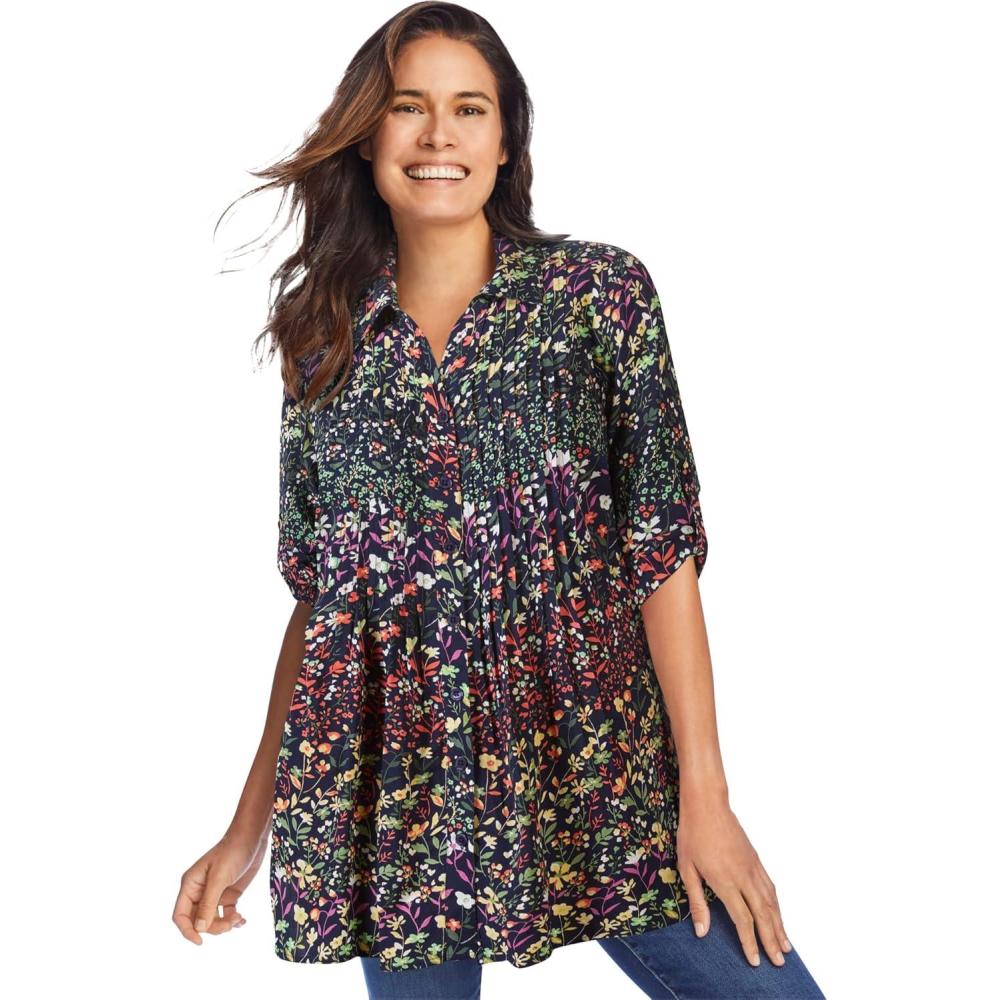 image:imageWoman Within Plus Size Rayon Pintucked Effortless Tunic BlouseNavy Garden Print