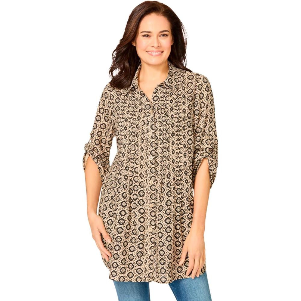 image:imageWoman Within Plus Size Rayon Pintucked Effortless Tunic BlouseNew Khaki Geo