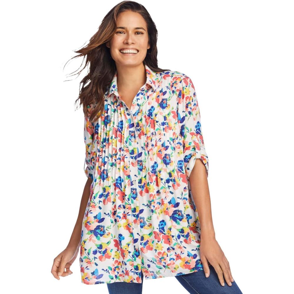 image:imageWoman Within Plus Size Rayon Pintucked Effortless Tunic BlouseWhite Watercolor Blossom