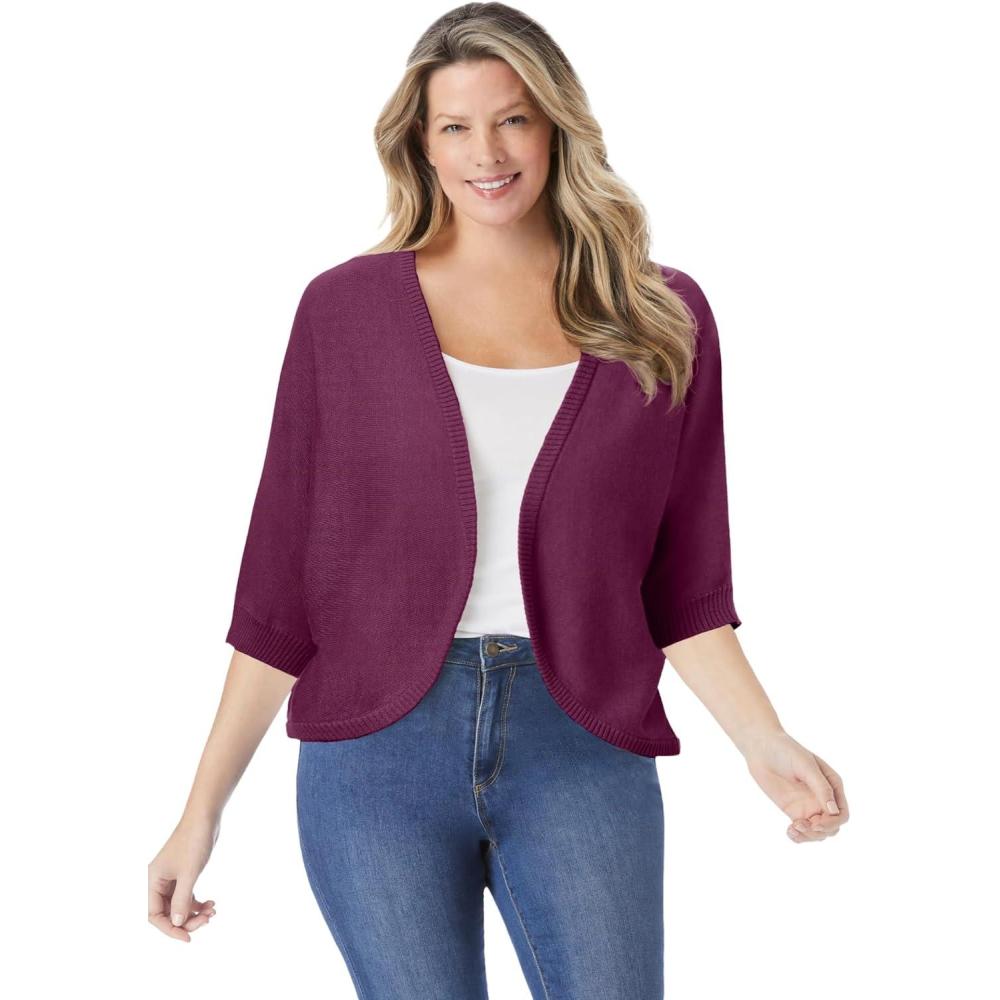 image:imageWoman Within Plus Size Rib Trim Cardigan Shrug SweaterDeep Claret