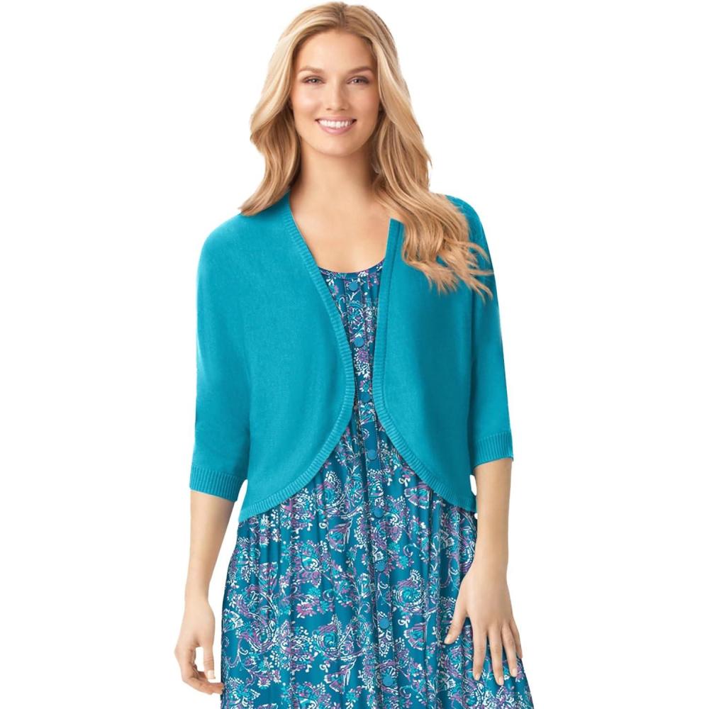 image:imageWoman Within Plus Size Rib Trim Cardigan Shrug SweaterPretty Turquoise