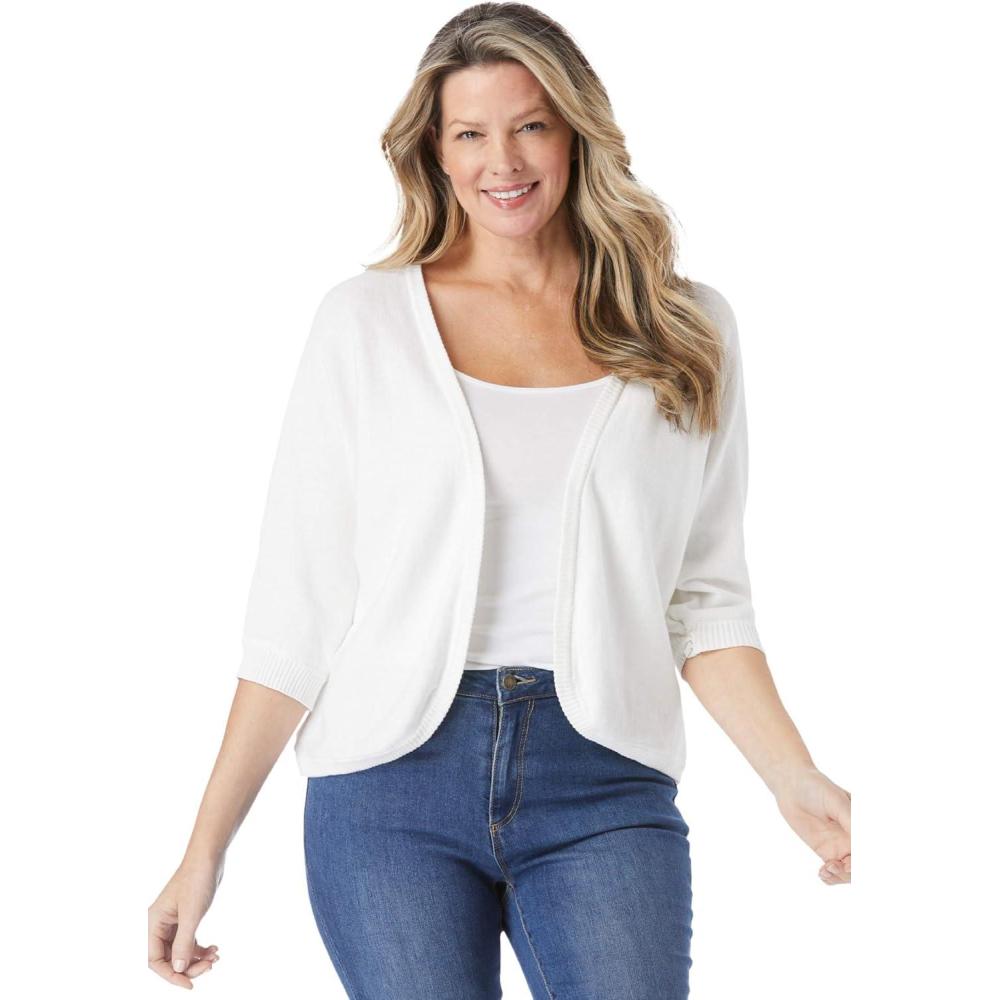 image:imageWoman Within Plus Size Rib Trim Cardigan Shrug SweaterWhite