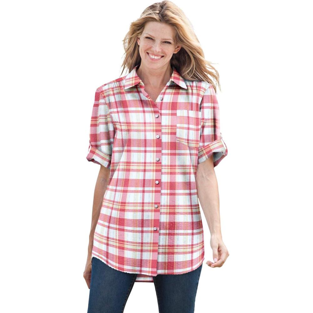 image:imageWoman Within Plus Size ShortSleeve Button Down Seersucker ShirtRose Pink Camp Plaid