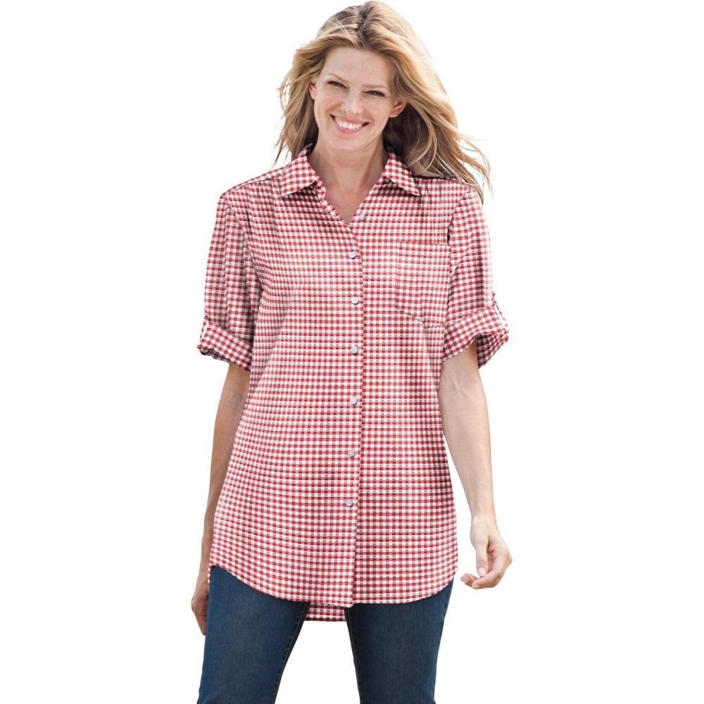 image:imageWoman Within Plus Size ShortSleeve Button Down Seersucker ShirtVivid Red Gingham