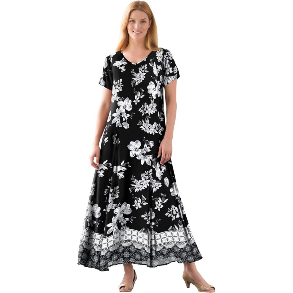 image:imageWoman Within Plus Size ShortSleeve Crinkle DressBlack Bloom Flower